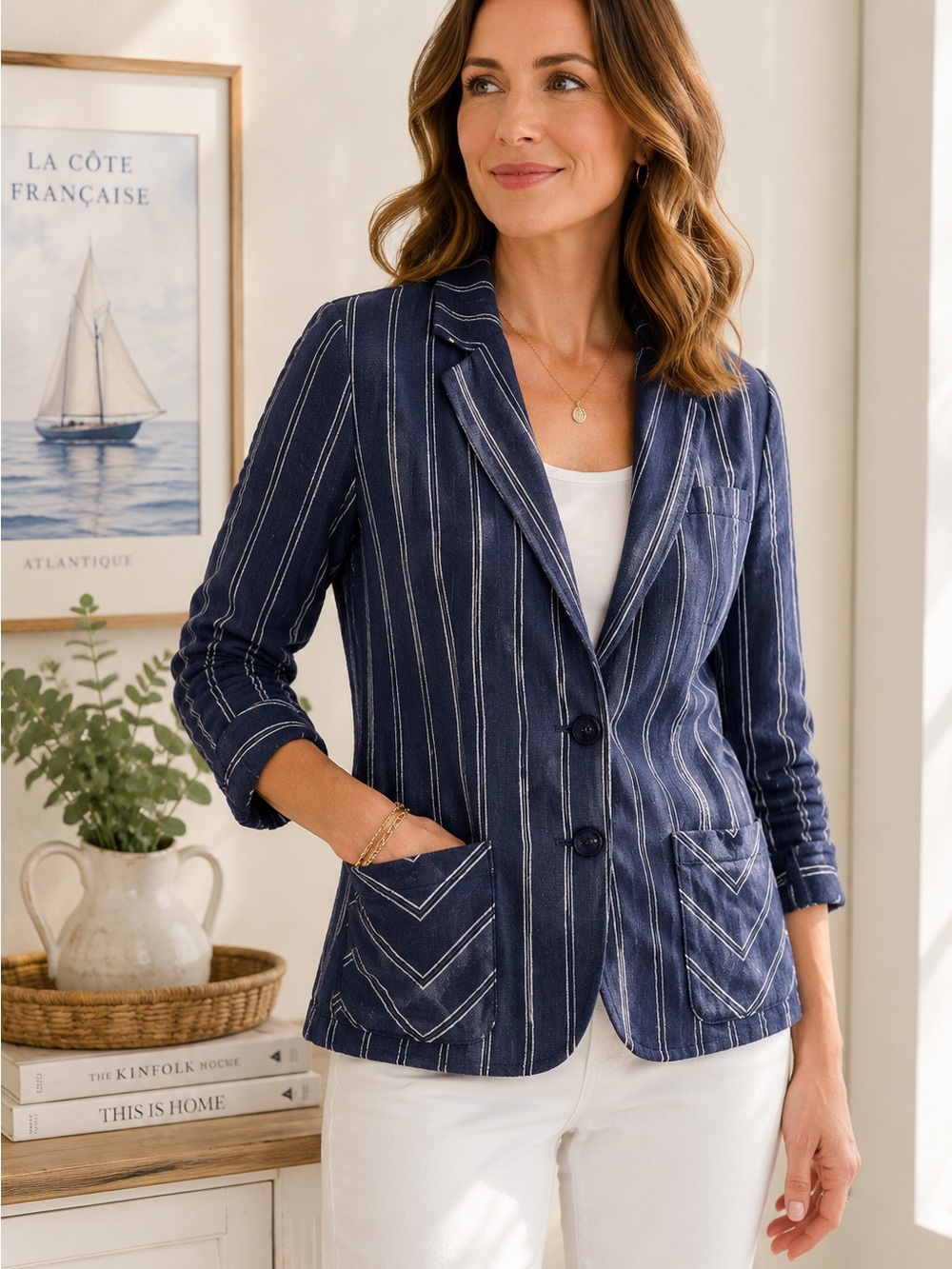 CAbi Navy White Striped Blazer Size 4 Nautical Coastal Jacket
